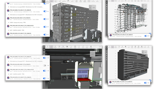 Modèles dans le visualiseur BIM Track du projet Luminy Campus de Bouygues Construction.