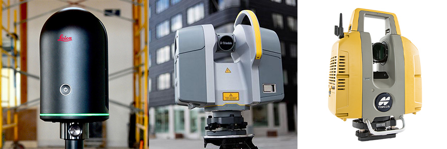 Exemples de scanners laser, de gauche à droite: Leica BLK 360, Trimble TX6, Topcon GLS-2000
