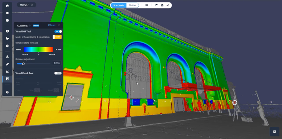 Comparison of laser scans with the model in Cintoo Cloud using its colorized “Visual Difference” tool