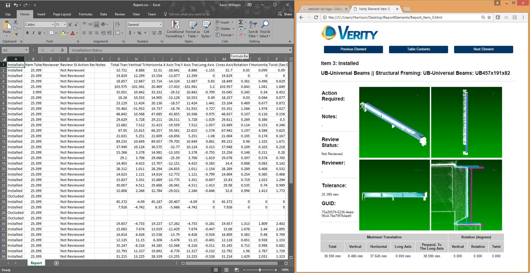 Les utilisateurs de Verity peuvent partager un rapport AQ/CQ avec les parties prenantes via le format CSV (à gauche) et HTML (à droite).