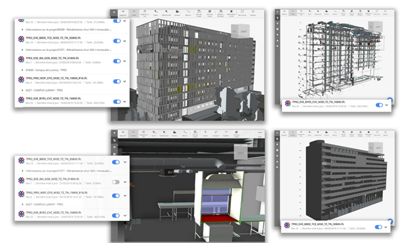 Models in the BIM Track viewer from the Luminy Campus project by Bouygues Construction.