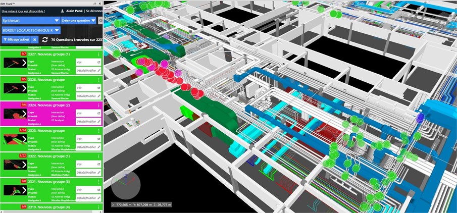 Federated model in Navisworks with BIM Track add-in showing dense systems on the hospital project by SynthésArt.
