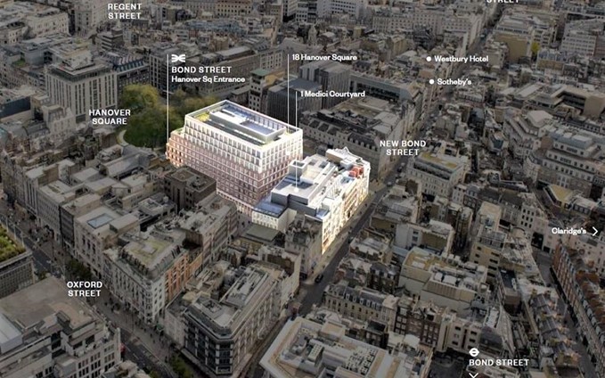 Aerial view of the Hanover Square development project by WSP in Mayfair, London.