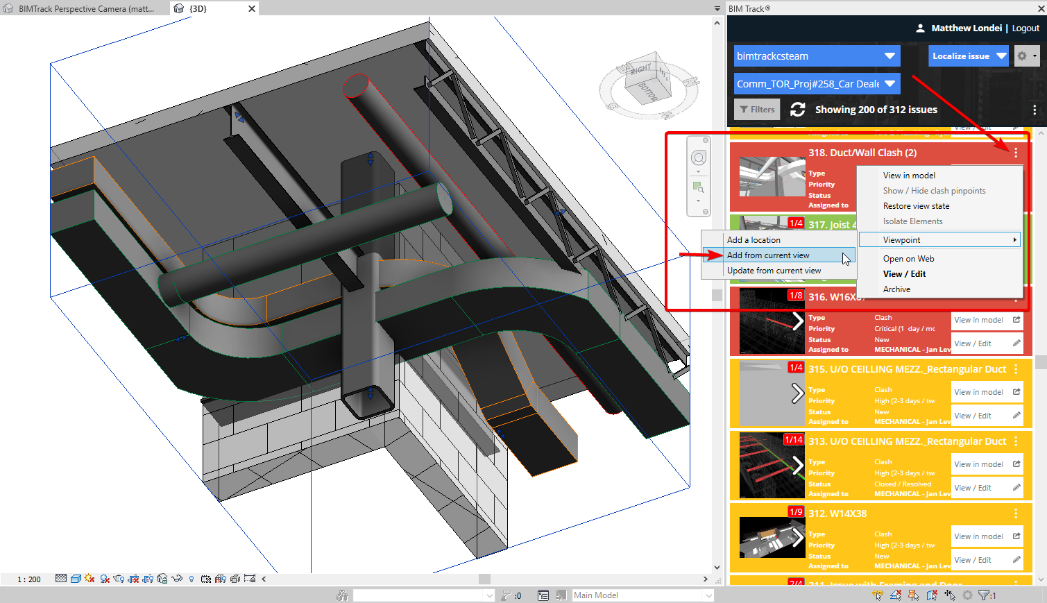 Ajout de la vue orthographique de Revit à une question BIM Track