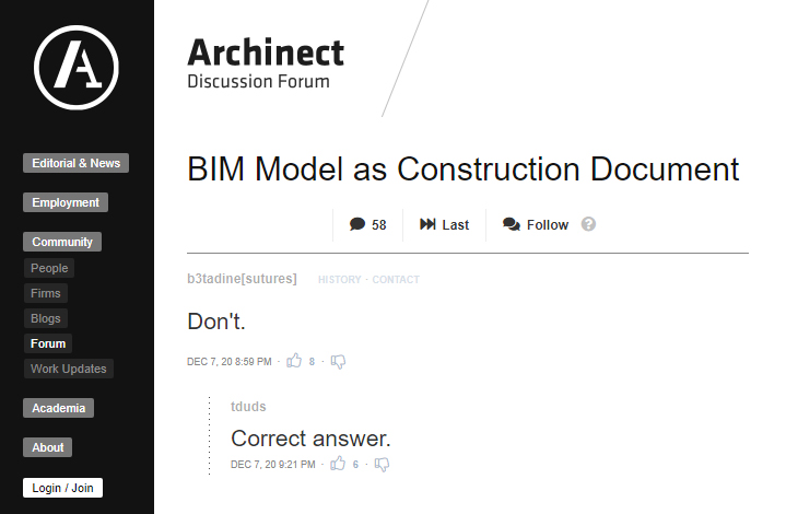 Strong opinions on Archinect as to why using the BIM model as a construction document is a bad idea